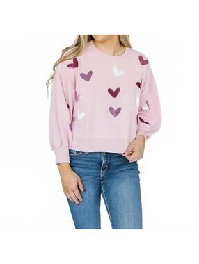 Mary Square Millie Hearts Women's Sequin Pink Valentine Sweatshirt Size L
